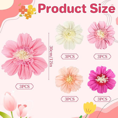 15Pcs Tissue Paper Flower,12" Large Crepe Tissue Fiesta Flowers ,Handmade Colorful Giant Crepe Artificial Flowers Decorations for Wall,Birthday Wedding Backdrop Bridal Baby Shower Party Supplies