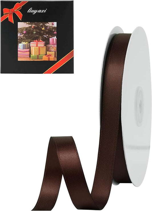 LIUYAXI Brown Satin Ribbon, Double Faced 5/8" X Continuous 25 Yards Ribbons Perfect for Gift Wrapping Bows Bouquet Wedding Craft and More