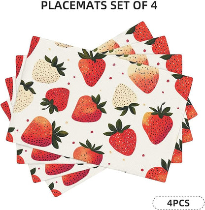 Sweet Strawberry Placemats Set of 4 Washable Table Mats Spring Summer Fruit Heat-Resistant Cotton Linen Place Mats for Dining Table Kitchen Indoor Outdoor Party Holiday Decor
