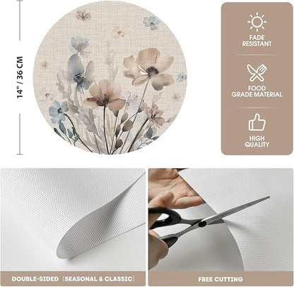 Artoid Mode Brown Poppy Floral Round Placemats Set of 4, 14 Inch Washable Non-Slip Plastic Woven Plastic PVC Place Mats for Farmhouse Party Dining Decor
