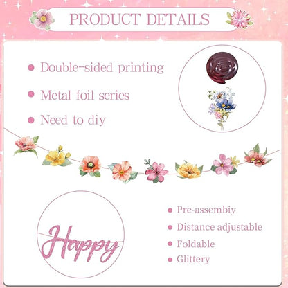 Wildflower Happy Birthday Decorations - 10 Pcs Birthday Party Decorations for Girls Glitter Banner Garland Floral Hanging Swirls Decor Flower Decoration for Women Party Supplies