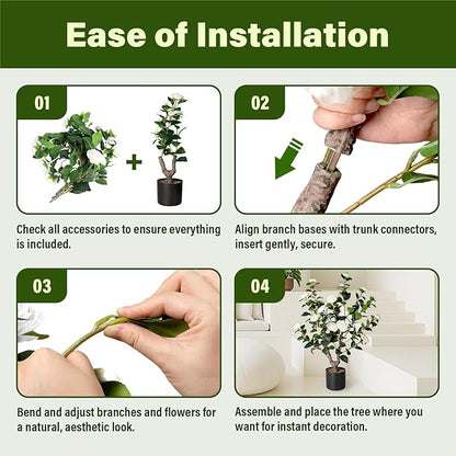 Artificial Camellia Tree,2Pack 3FT Faux White Camellia Plants in Pots,Lifelike Artificial Flower Trees for Indoor Outdoor Home Decor,Realistic Blooming Faux Plants for Bedroom Porch Patio Office