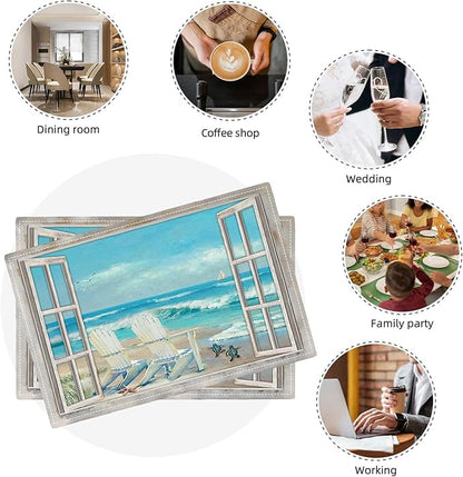 Coastal Beach Placemats Set of 6 Seascape Ocean Table Mats Washable Place Mats for Home Party Indoor Kitchen Dining Table Decoration 12x18 Inch