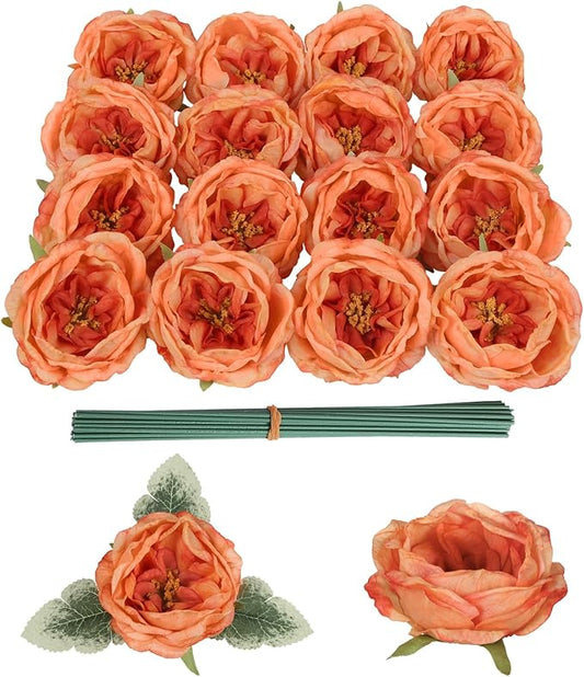 16pcs Peonies Artificial Flowers Head Orange Austin Roses Vintage Burnt Flowers Silk Rose Head with Stems for DIY Flower Wedding Bouquets Centerpieces Home Decoration (Orange)