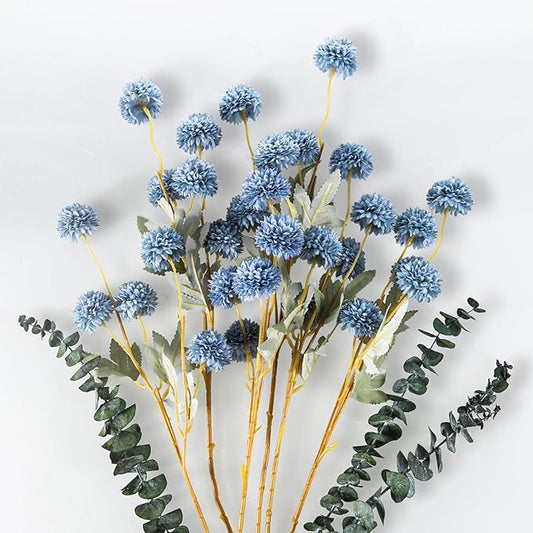 6 Artificial Silk Flowers + 3 Eucalyptus, Artificial Chrysanthemums with Stems for Home Decor, Dusty Blue