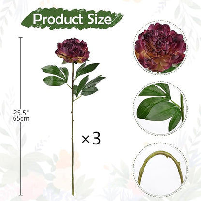 Briful 3PCS Faux Peony Flower Stems, 25.5" Artificial Peony Flowers Realistic Fake Flowers for Vase Arrangements Wedding Centerpieces Decoration(Dark Mauve)