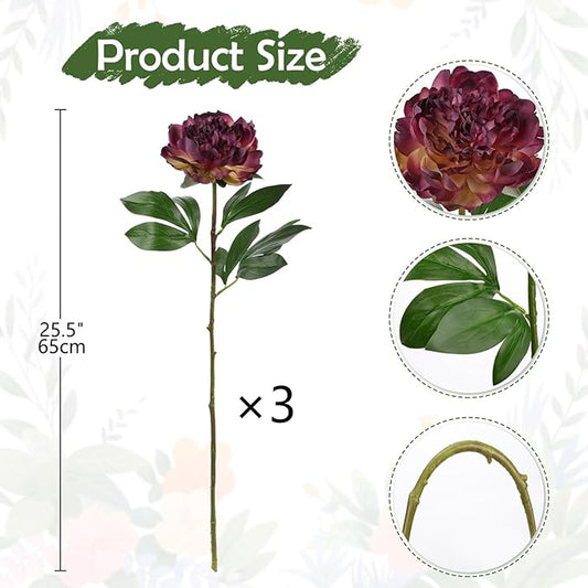 Briful 3PCS Faux Peony Flower Stems, 25.5" Artificial Peony Flowers Realistic Fake Flowers for Vase Arrangements Wedding Centerpieces Decoration(Dark Mauve)