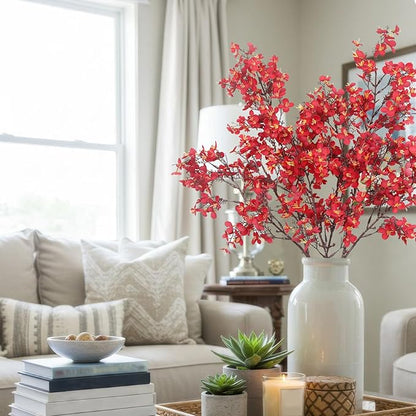 CISDUEO 2 Pcs Cherry Blossom Artificial Flowers Bulk Red Fake Fall Flowers Branches Silk Babys Breath Flower Fall Floral Stems for Vases Indoor Home Decor Wedding Party Table Centerpiece Christmas