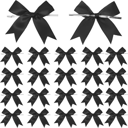 50 Counts Black Twist Tie Bows 3.1" Pre-Tied Satin Ribbon Bow Decor Mini Twist Tie Bows for Gift Wrapping Treat Bags Cake Bridal Baby Shower Birthday Party Favors Wedding Decorations