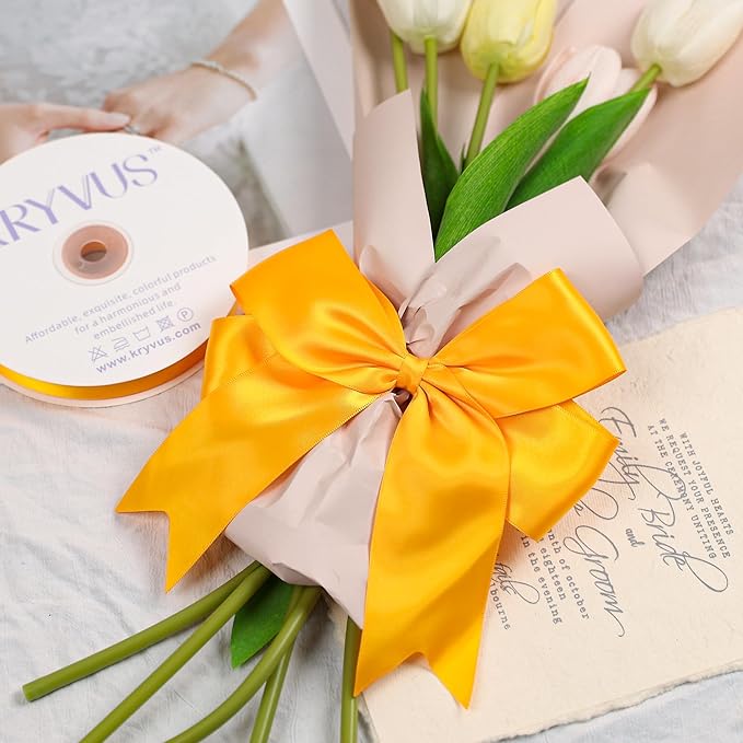 Yellow Gold Satin Ribbon, Double Faced 2 Inch X 50 Yards Yellow Gold Ribbon, Premium Satin Ribbon for Gift Wrapping, Crafts, Hair Bow Making, Sewing, Flower Bouquet, Wedding Party Decor