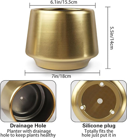 Gold Indoor Plant Pot 7 Inch Large Ceramic Planter With Drainage Hole - Modern Brass Flower Pot Centerpiece Vase - Decorative Greenery Potted for Indoor Plants
