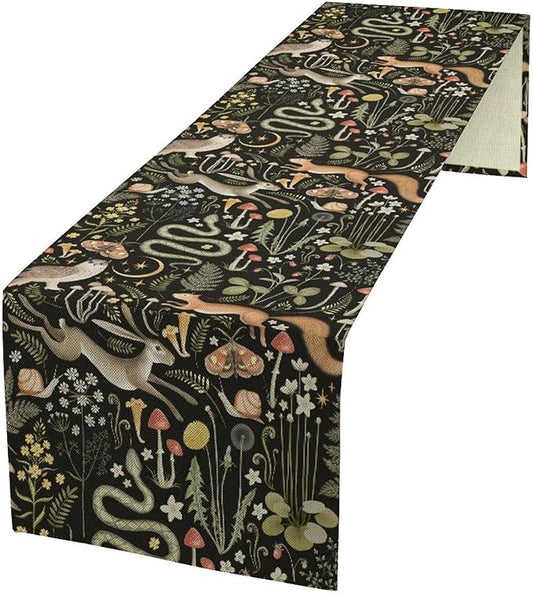 Farmhouse Forest Table Runner, Fairy Tale Woodland Wild Animals Moths Owl Snake Flowers Mushroom Kitchen Dining Table Runners for Indoor Outdoor Home Party Holiday Decor, 13x36inch