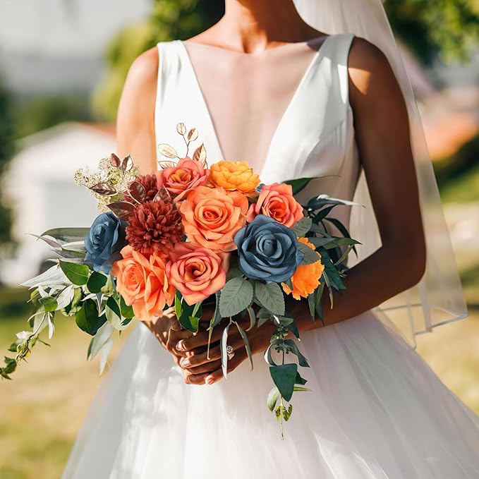 AGIRL Artificial Flowers Combo Silk Mix Teal Orange Fake Flower with Stems for DIY Wedding Bouquets Centerpieces Arrangements Table Chair Decor Baby Shower Home Decor (Teal Orange)