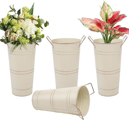 Notakia 10.62 Inch Galvanized Metal Vases Farmhouse French Flower Bucket Vases for Cut Flowers for Home Decor and Wedding Table Centerpiece Decorations (Medium Size Beige 4Pcs)
