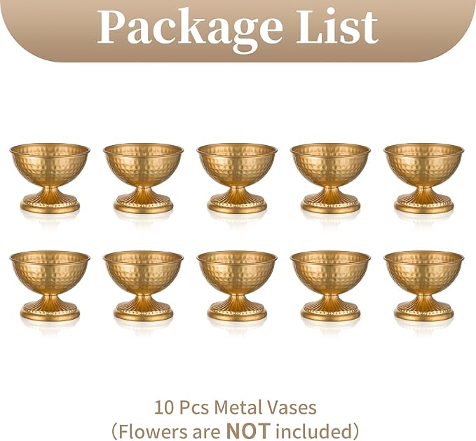 Sziqiqi Gold Urn Vase for Flowers - Wedding Table Decoration Centrepieces Set of 10 Vintage Metal Vases for Artificial Flowers Small Hammered Vase for Birthday Party Christmas Anniversary