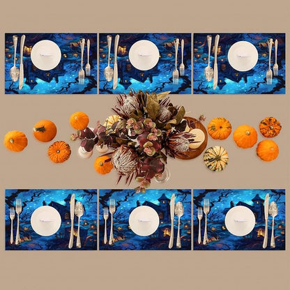 Halloween Castle Scary Blue Placemats Set of 4 PVC Vinyl Non Slip Table Mats Heat Resistant Place Mats Washable Wipeable Dining Table Mat for Kitchen Decor Party Indoor Outdoor Decorative Gift