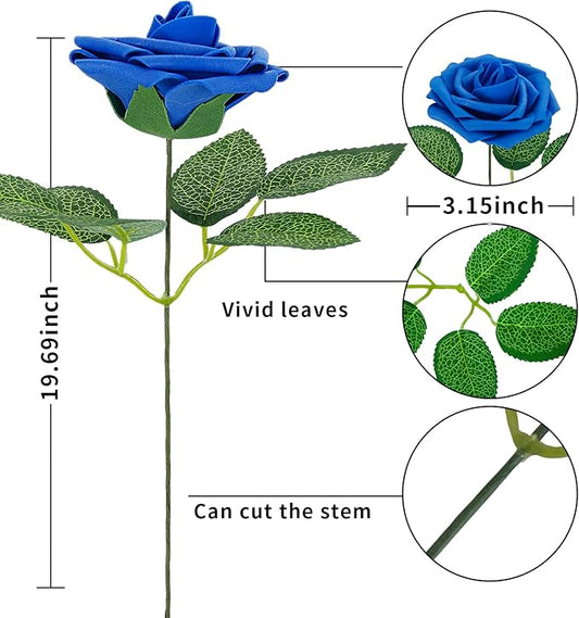 [25 PCS] Royal Blue Roses Artificial Flowers with Long Stem Real Touch Fake Foam Roses for Decoration DIY Wedding Bouquets Centerpieces Bridal Shower Mothers Day Party Flower Arrangements Home Decor