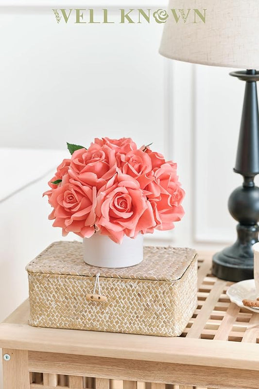 Artificial Rose Bouquet in Ceramic Vase, Silk Flower Arrangement in Pot, Real Touch Fake Flowers with White Vase for Wedding Home Centerpiece Coffee Table Bathroom Anniversary Decor & Gift (Coral)