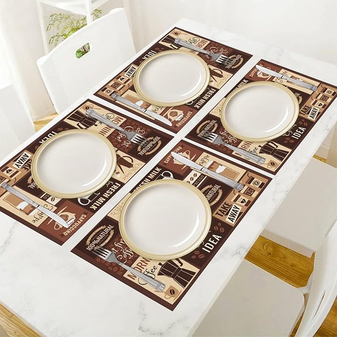 Coffee Table Placemats Set, Hot Mocha Latte Milk Typography on Scribble Backdrop, Set for Dining Table Decor 4 PCS, Cafe-2