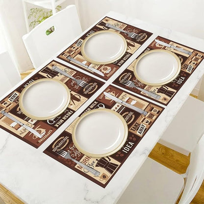 Coffee Table Placemats Set, Hot Mocha Latte Milk Typography on Scribble Backdrop, Set for Dining Table Decor 6 PCS, Cafe-2