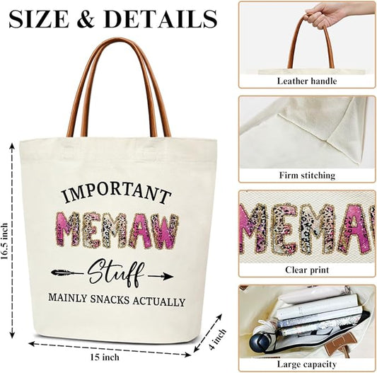 Canvas Tote Bag for Women, Important Stuff Bag with Leather Handle, Reusable Grocery Bags for Shopping Beach Travel