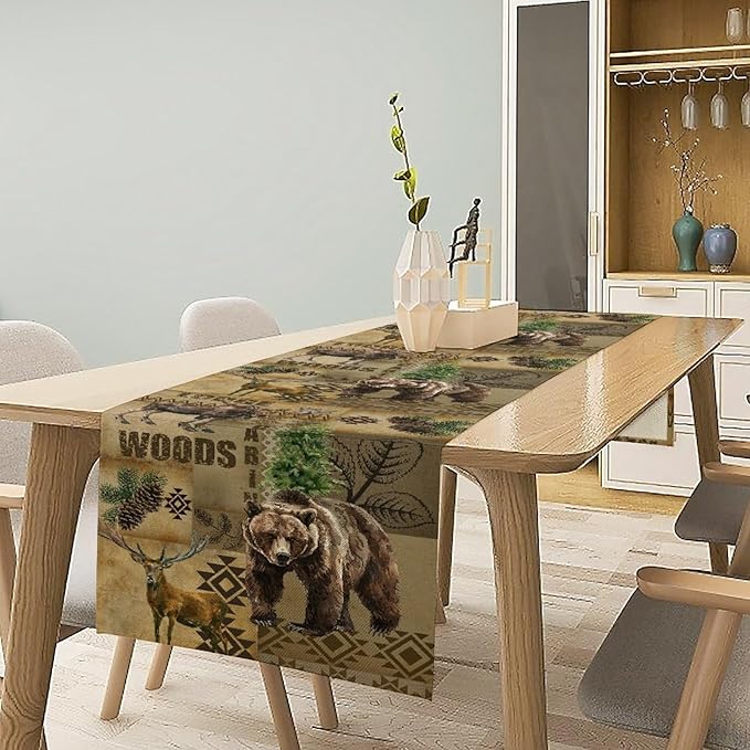 Rustic Cabin Table Runner, Farmhouse Deer Bear Retro Pine Forest Native Aztec Wild Animal Seasonal Coffee Table Center Decor for Home Kitchen Dining Patio Holiday Party Table Decorations 13x36 inches