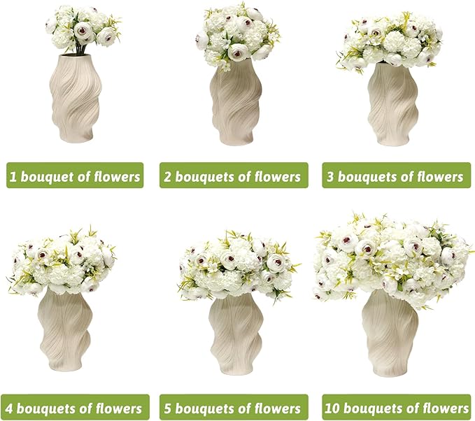 Zerzsy Artificial White Peony Flower Bouquet with Green Leaves Stem, Silk Flowers Bouquet Fake Peonies Flower Arrangements Vase Decorating for Centerpiece Table Wedding Party Home