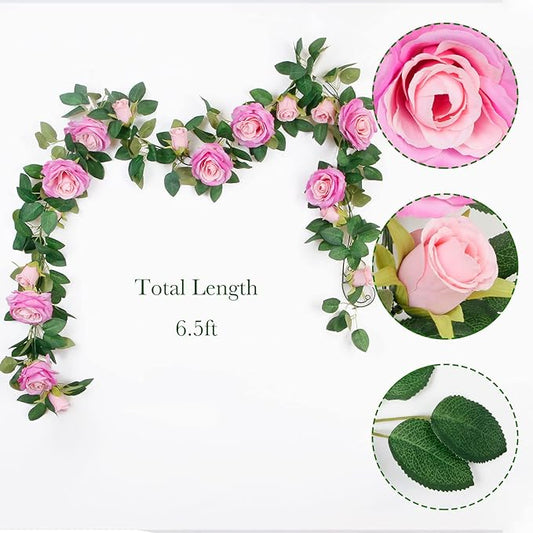 Teldrassil 4Pcs(26 FT) Artificial Rose Vine Fake Flower Garland Fake Silk Rose Hanging Vine for Wedding Party Background Arch Garden Background Decoration (Purplish Red)
