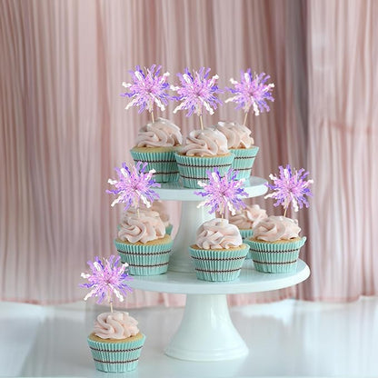 Gyufise 30Pcs Foil Firework Cupcake Toppers Happy Birthday Cake Toppers Tinsel Flower Drink Stirrers Cocktail Food Fruit Toothpicks for Valentine's Day Party Birthday Wedding Supplies Purple