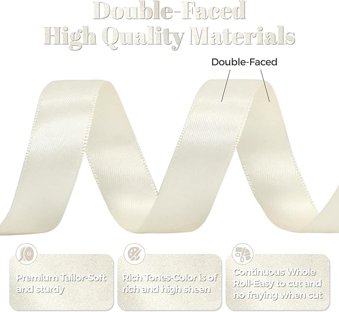 Antique White Satin Ribbon, Double Faced 5/8 Inch X 25 Yards Antique White Ribbon, Premium Satin Ribbon for Gift Wrapping, Crafts, Hair Bow Making, Sewing, Flower Bouquet, Wedding Party Decor