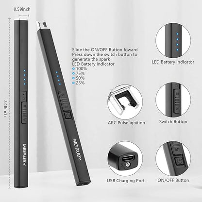 MEIRUBY Lighter Electric Candle Lighter Long Electronic Rechargeable USB Arc Windproof Flameless Lighters for Candle Camping BBQ Birthday Women's Day Gifts for Women Mom Wife Men, Balck