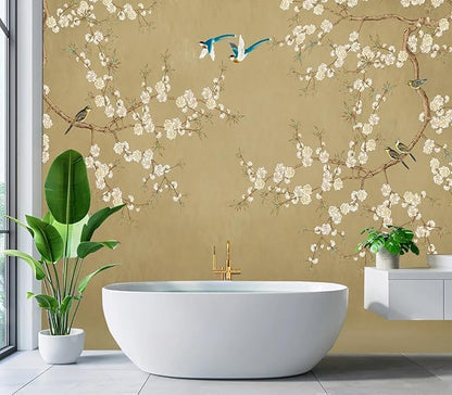 Eierme-Beautiful Background China Art. Flower with Bird Mural Wallpaper Peel and Stick 160" x 114"