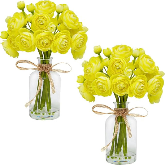 Ranunculus Artificial Flowers with Vase, 2 Pack - 8 Pcs Faux Silk Ranunculus Flower in Vase, Small Flowers Arrangements for Home Decor Indoor, Table Centerpiece. (Light Yellow)