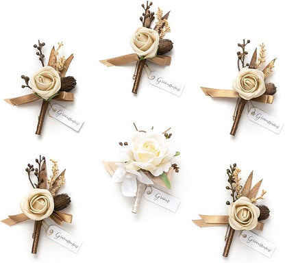 Ling's moment Boutonniere for Men, 6pcs Groom Groomsmen Boutonniere, Artificial Flowers for Wedding Decor/Prom/Homecoming, etc.Brown Beige White
