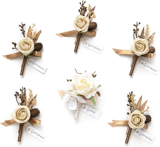 Ling's moment Boutonniere for Men, 6pcs Groom Groomsmen Boutonniere, Artificial Flowers for Wedding Decor/Prom/Homecoming, etc.Brown Beige White