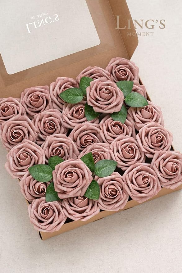 Ling's moment Artificial Flowers 50Pcs Dusty Rose Roses Decor w/Stems,3" Real Touch DIY Foam Floral for Wedding Bouquet/Centerpieces, Outdoors Party Backdrop, Room/Table, and Garden/Pot Decorations