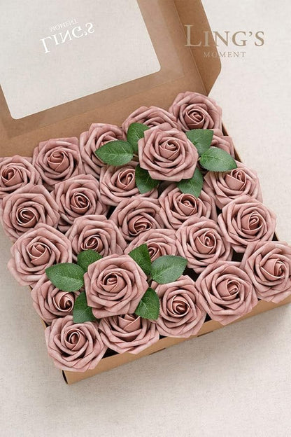 Ling's moment Artificial Flowers 25Pcs Dusty Rose Roses Decor w/Stems,3" Real Touch DIY Foam Floral for Wedding Bouquet/Centerpieces, Outdoors Party Backdrop, Room/Table, and Garden/Pot Decorations