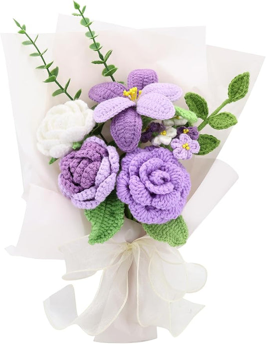 Handmade Crochet Sunflowers Rose Daisy as a Gift for Lover, Family,Friends. Crochet Bouquet, Crocheted Yarn Flowers, Artificial Flower Finished Bouquet (Purple)