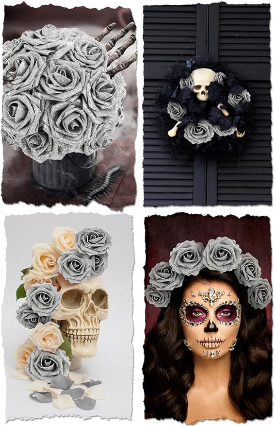 N&T NIETING Artificial Flowers Glowing Silver Flowers Foam 25pcs Glitter Roses Real Looking Fake Roses with Stem for DIY Wedding Bouquets Centerpieces Bridal Shower Party Home Decorations