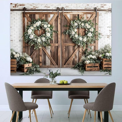 Rustic Barn Door Photography Backdrops, White Flower Wood Brown Barn Door Backdrop, Wedding Birthday Party Decors Photo Booth Props 6x4ft