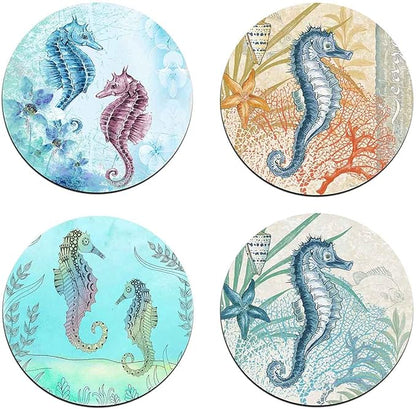 Watercolor SeahorseRound Coaster Set - Made of Recycled Rubber - Set of 4
