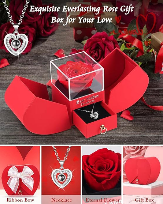 Preserved Red Forever Rose Heart Necklace Gift Box, Eternal Flowers "I Love You" Projection Jewelry for Women, Romantic Christmas Valentines Day Anniversary Birthday Gift for Her(Wife Girlfriend Mom)