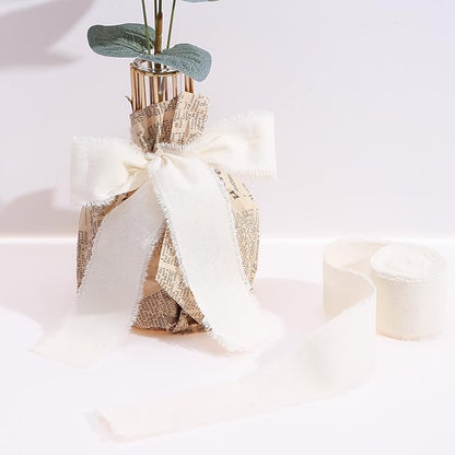 Ivory Ribbon 1-1/2 x 15 Yards Handmade Cotton Frayed Fringe Fabric Ribbons for Crafts Flower Bouquets Wedding Baby Shower Home DIY Decor