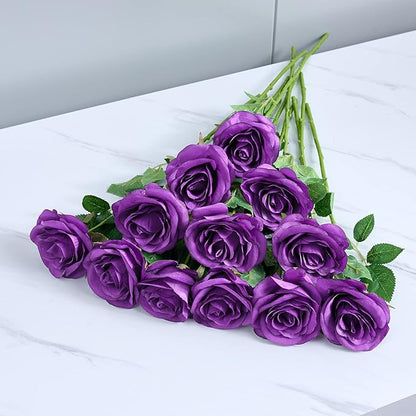 12Pcs Purple Roses Artificial Flowers Fake Roses Silk Flowers Real Touch Rose with Long Stems for Wedding Home Office Baby Shower Party Centerpieces Decorations