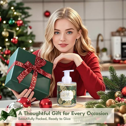 ROMIIE ZOI Christmas Foaming Hand Soap with Gift Box- Merry Christmas Design, Infused with Fresh Balsam Fir Scent -Holiday Bathroom Soap for Winter Decoration and Gifting – 500ml / 16.8oz