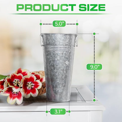 Plexon 9" Tall Galvanized Metal Vase for Flowers, Metal Flower Container with Handles, Farmhouse French Tin Vases for Flowers Ideal for Sparkler Bucket Wedding Home Decor, Set of 12