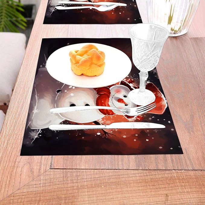 PVC Placemats Set of 4 Wipeable Table Mats Washable Heat Resistant Non Slip Vinyl Dining Table Mat for Kitchen Indoor Outdoor Patio Farmhouse Place Mats Christmas Snowman Red Decorative