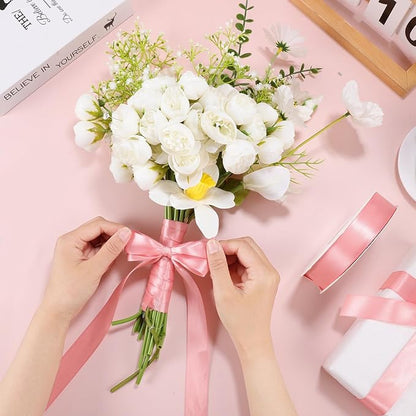 Pink Ribbon 1 inch 60 Yards Double Faced Pink Christmas Decor Ribbon for Lei Bows Crafts Gift Wrapping Flower Bouquet Wedding Party Vases Decorations