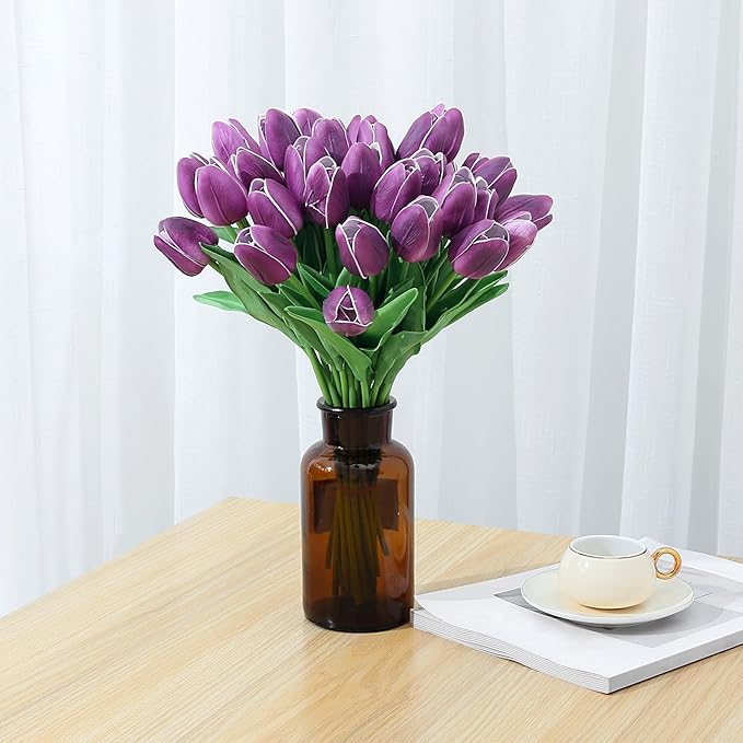 SITUMEIZI 15pcs Purple Tulips Fake Artificial Flowers Real Touch 14" Silk Flower for Home Decor Spring Easter Wedding Bouquet Decorations Floral Arrangements#