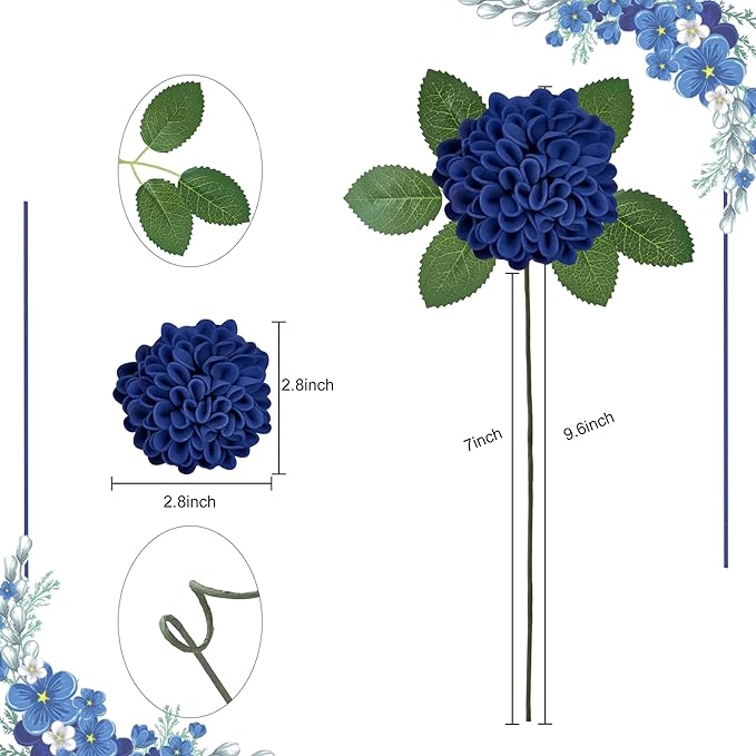 Artificial Flowers, 50pcs Realistic Artificial Rose for DIY Wedding Bouquets Centerpieces Arrangements, Blue Dahlia Flowers with Stem for Bridal Shower Party Home Decorations